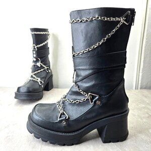 Demonia Chain Skull Combat Boot 9 Black Goth Edgy Chunky Platform Hiker Midcalf